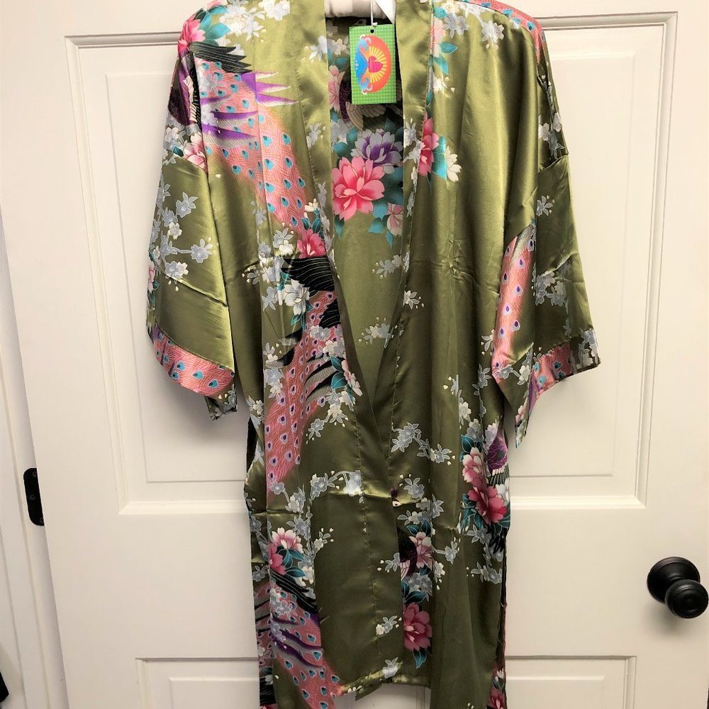 Asian Oriental Silky Floral Kimono Robe Peacock